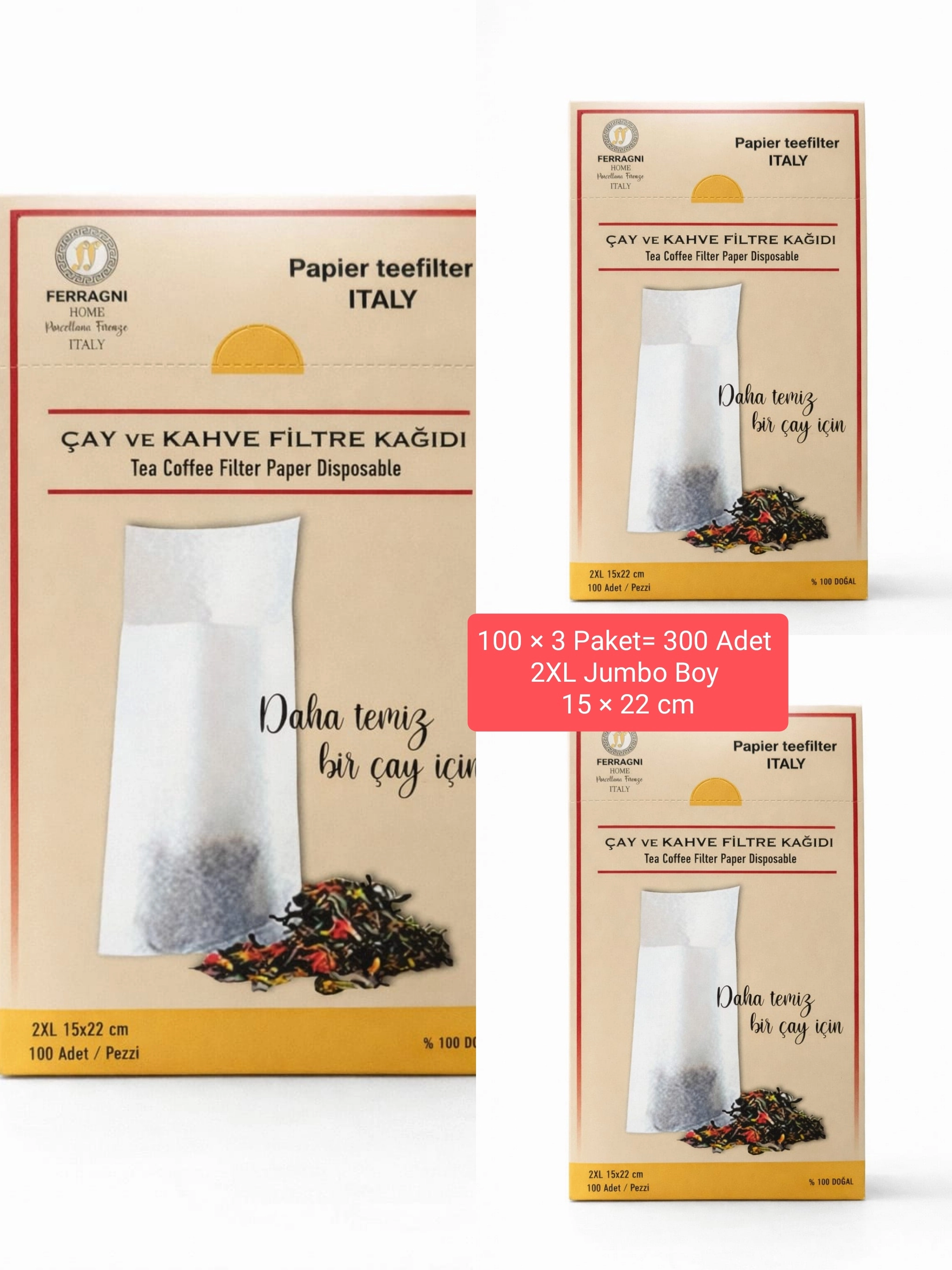Çay Demleme Filtre Kağıdı 2XL JUMBO BOY  15*22 cm Kutulu 3 Paket (300 Adet) 