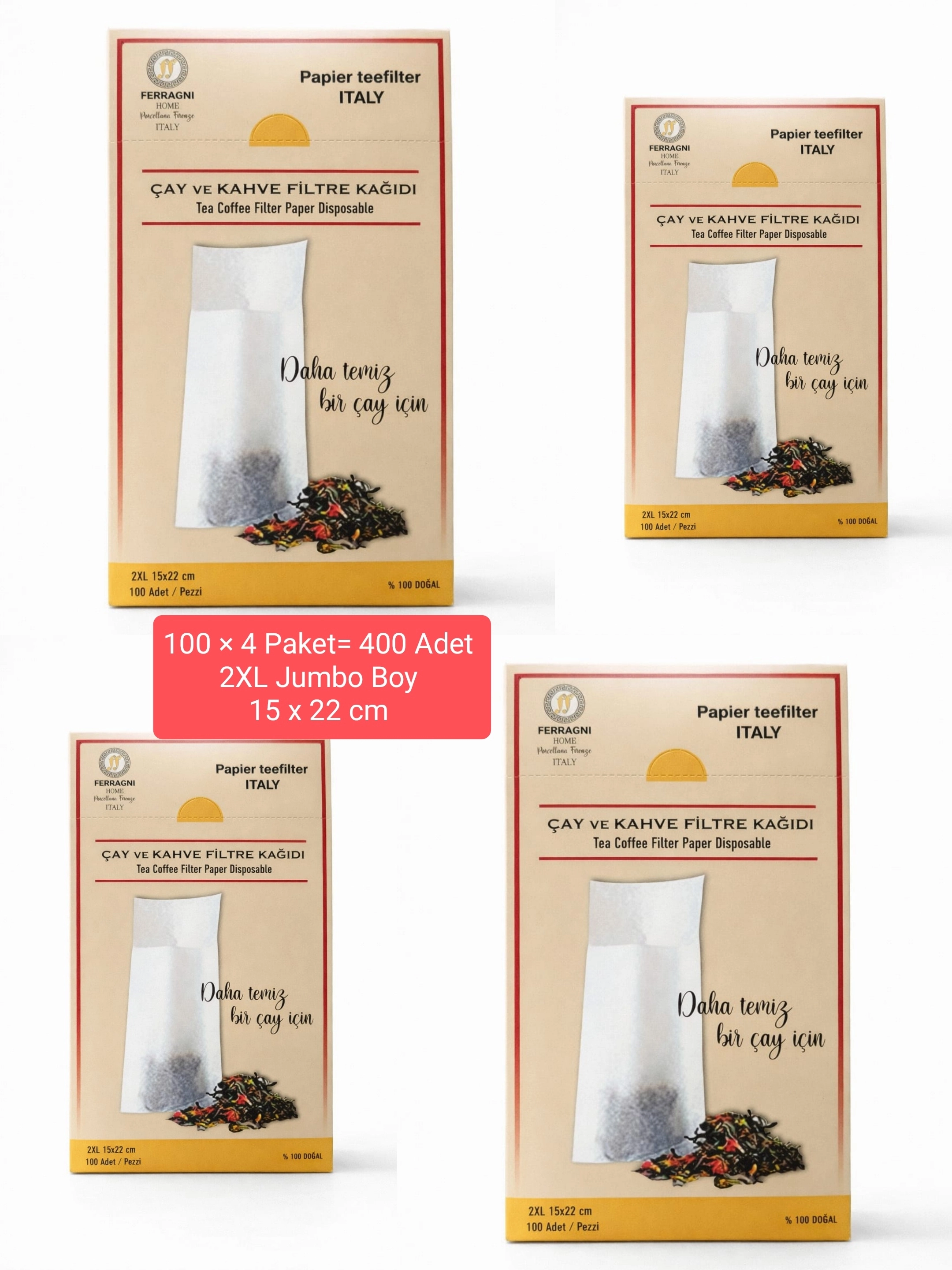Çay Demleme Filtre Kağıdı 2XL JUMBO BOY  15*22 cm Kutulu 4 Paket (400 Adet) 