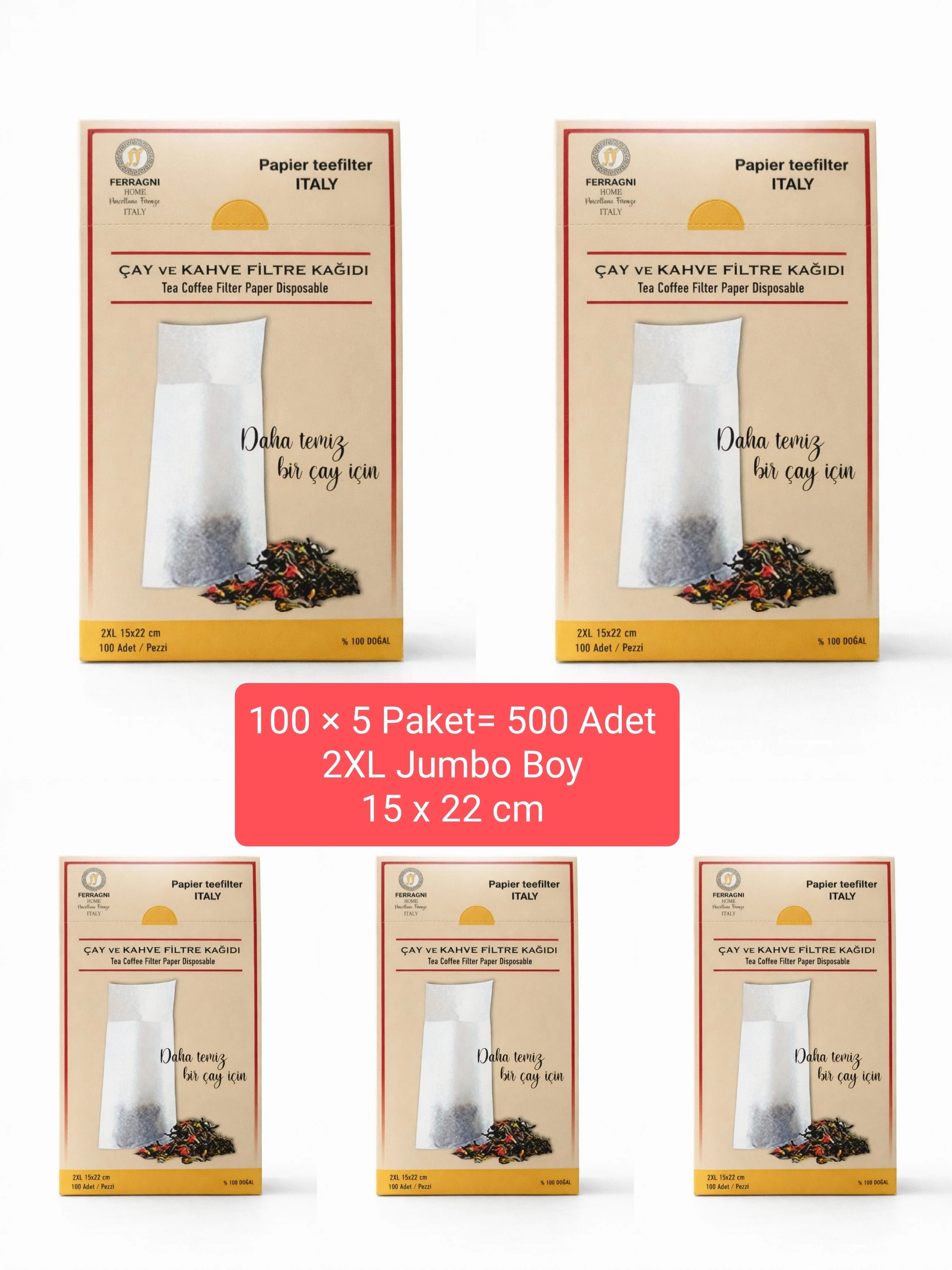 Çay Demleme Filtre Kağıdı 2XL JUMBO BOY  15*22 cm Kutulu 5 Paket (500 Adet) 