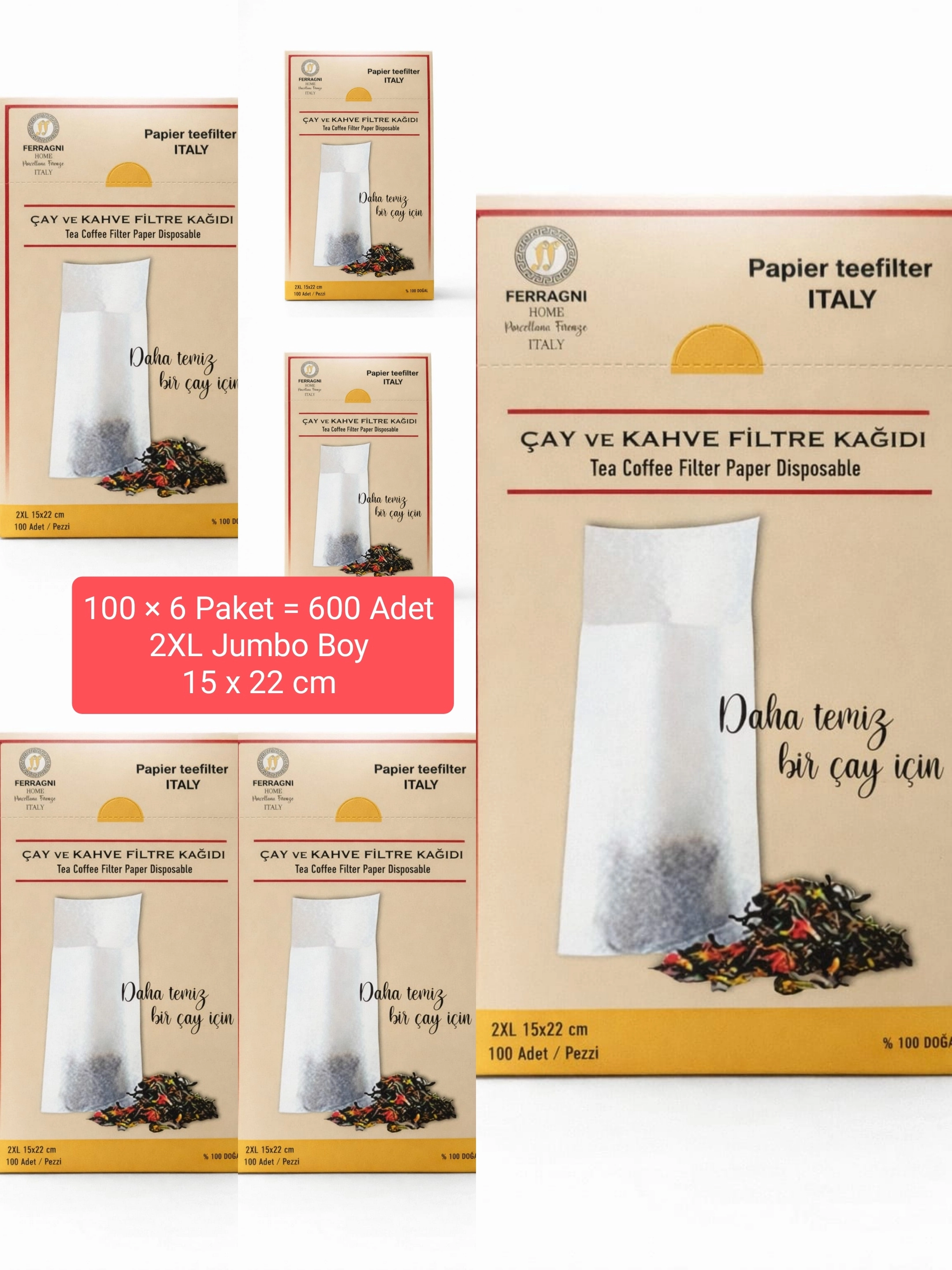 Çay Demleme Filtre Kağıdı 2XL JUMBO BOY  15*22 cm Kutulu 6 Paket (600 Adet) 