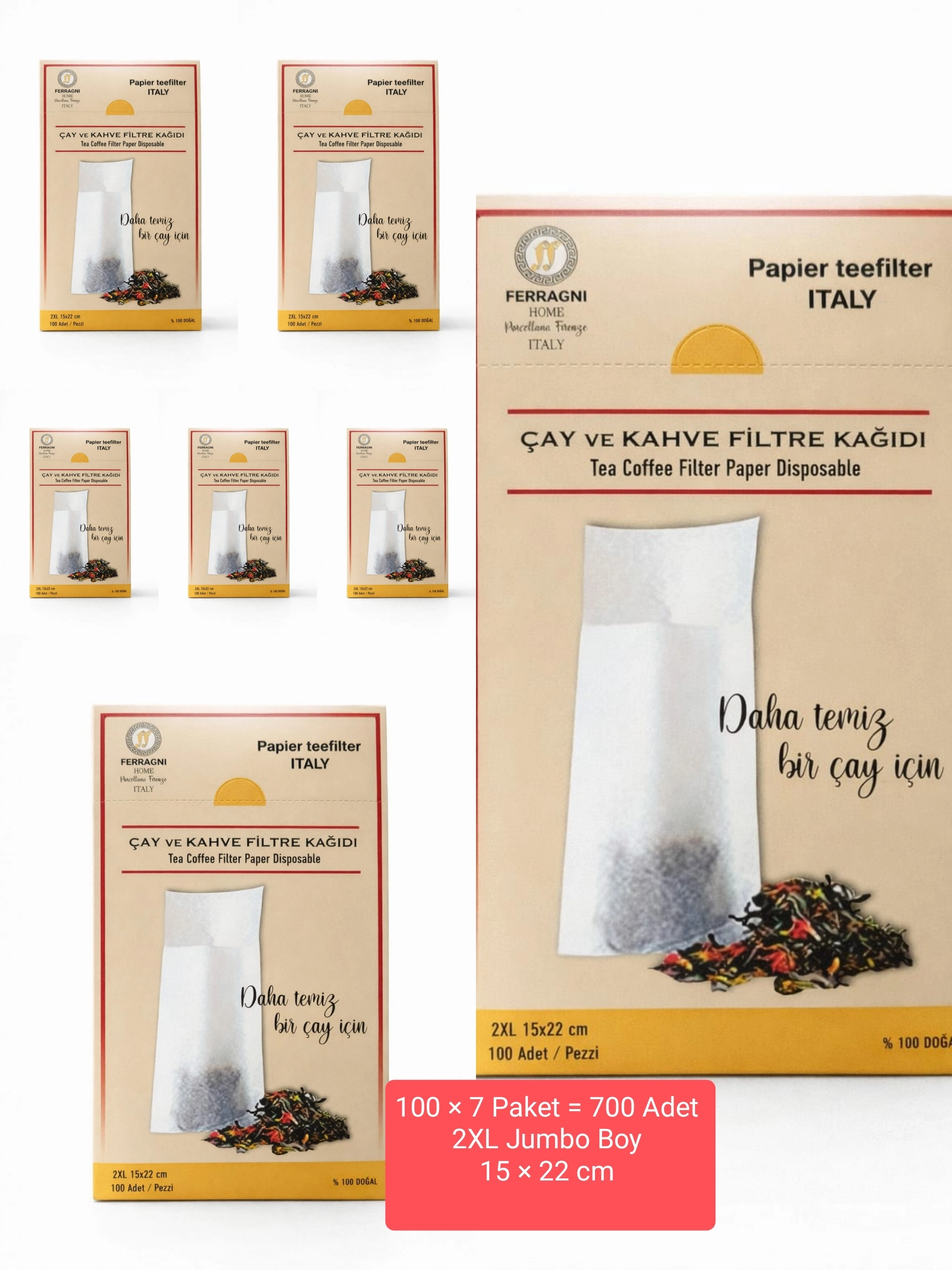 Çay Demleme Filtre Kağıdı 2XL JUMBO BOY  15*22 cm Kutulu 7 Paket (700 Adet) 