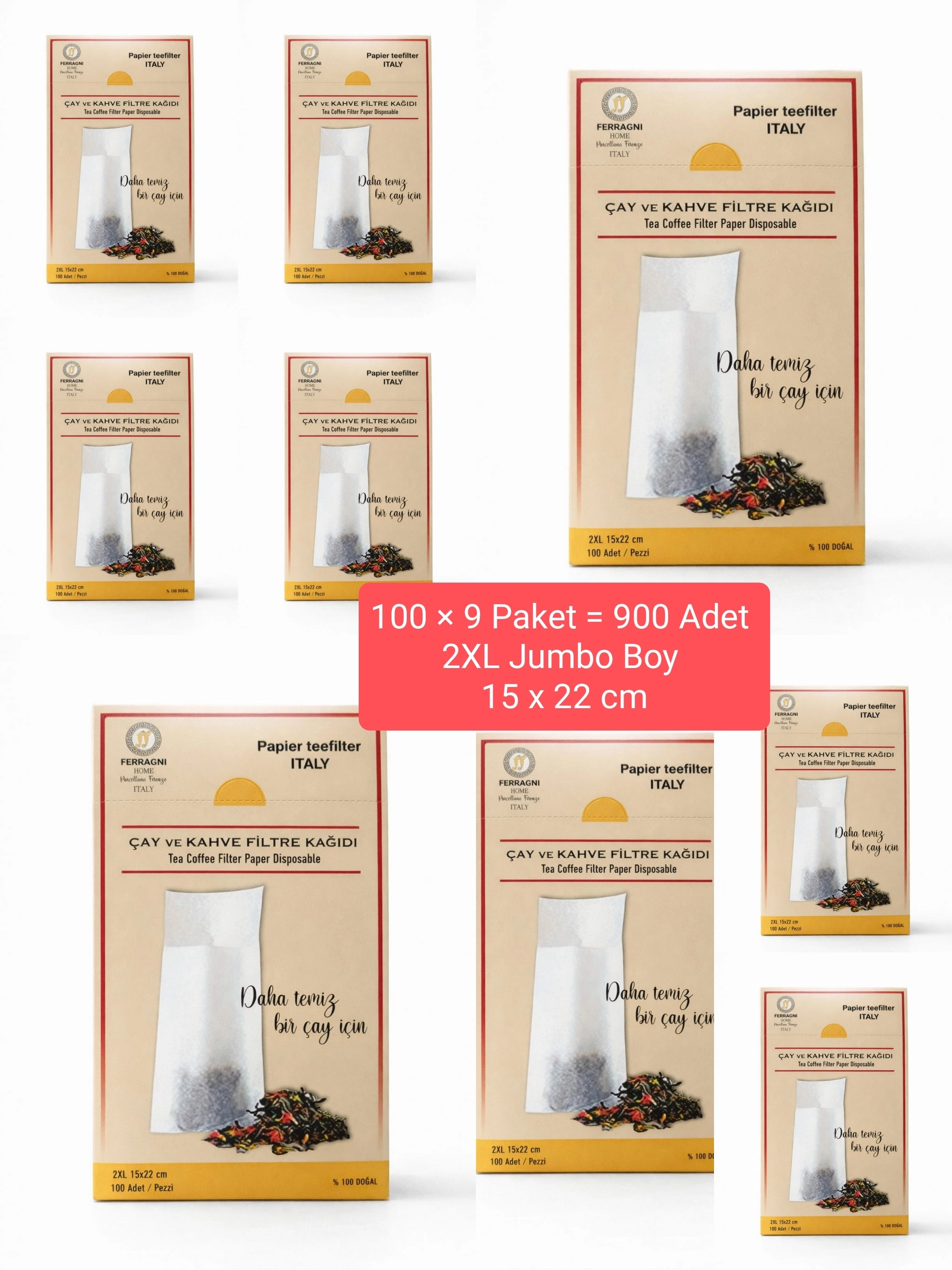 Çay Demleme Filtre Kağıdı 2XL JUMBO BOY  15*22 cm Kutulu 9 Paket (900 Adet) 
