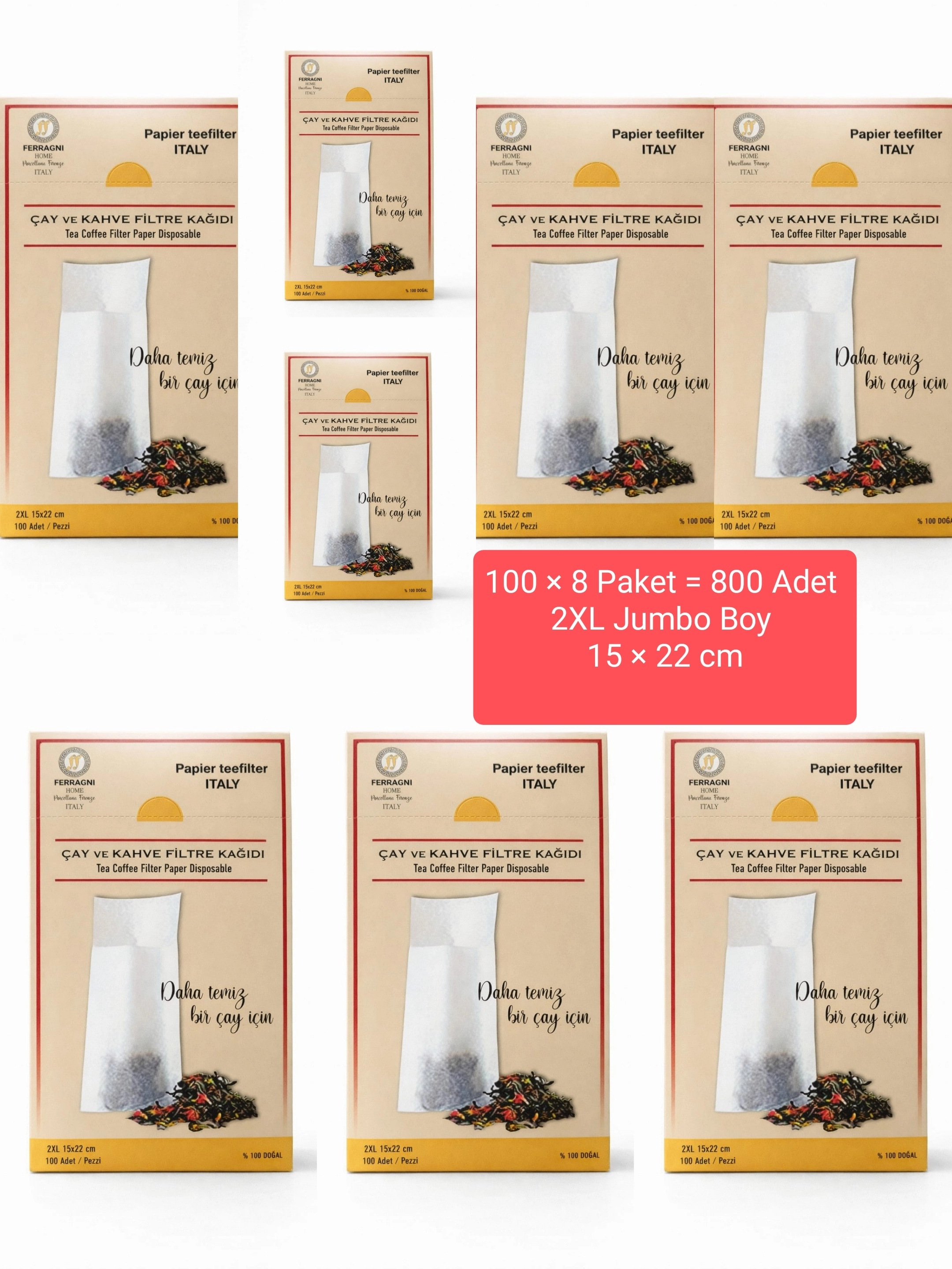 Çay Demleme Filtre Kağıdı 2XL JUMBO BOY  15*22 cm Kutulu 8 Paket (800 Adet) 