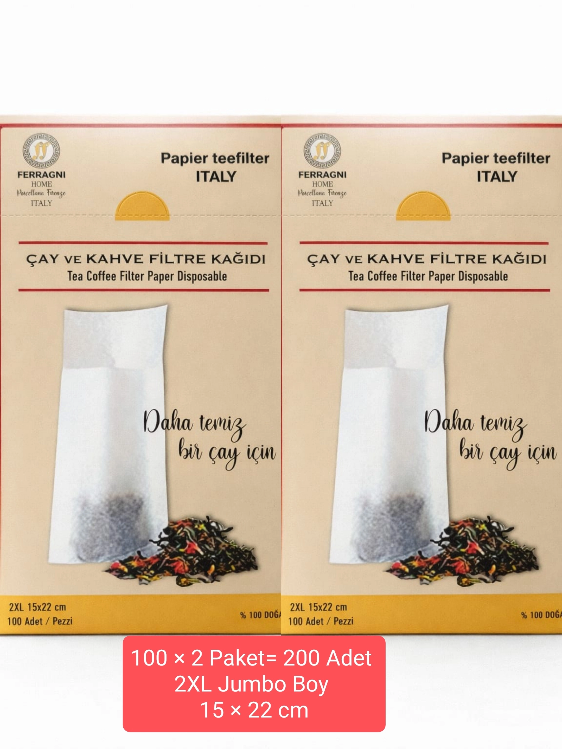 Çay Demleme Filtre Kağıdı 2XL JUMBO BOY  15*22 cm Kutulu 2 Paket (200 Adet) 