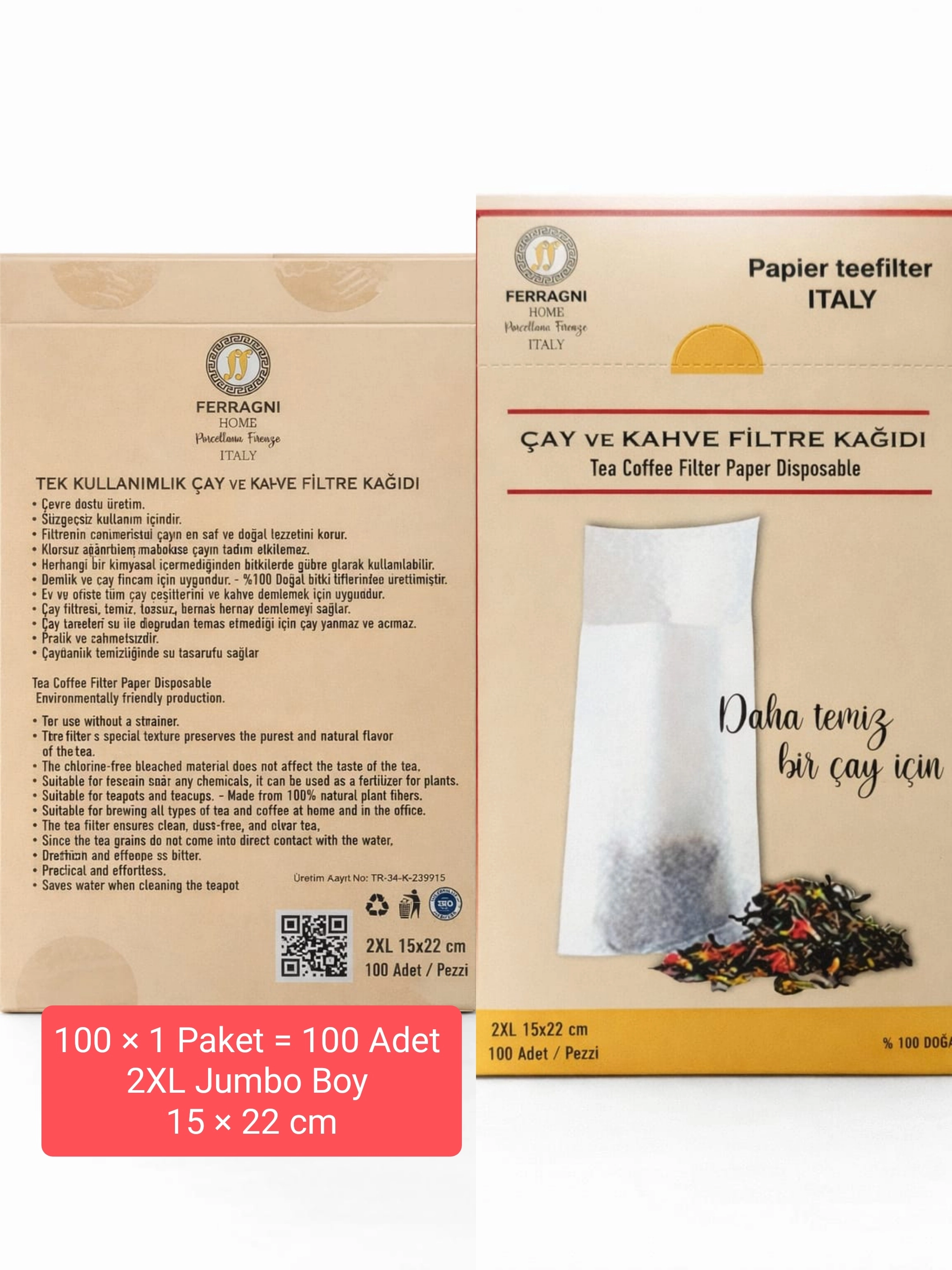 Çay Demleme Filtre Kağıdı 2XL JUMBO BOY  15*22 cm Kutulu Tek Paket (100 Adet) 